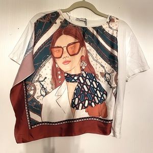 NWOT Zara graphic model tee with scarf detail.